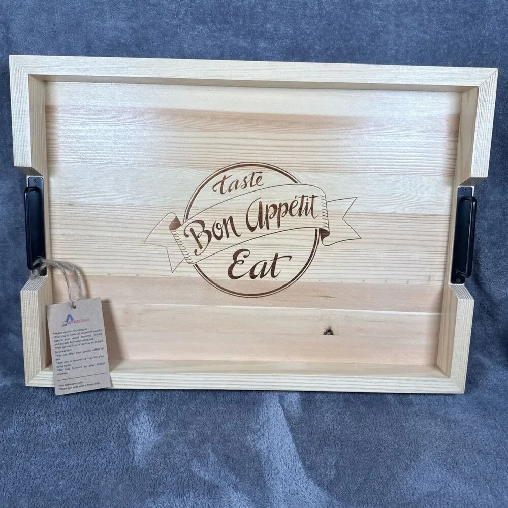Serving Tray W/Metal Handles Pine Wood Decorative “Bon Appetite” 19.25”x 13.75”
